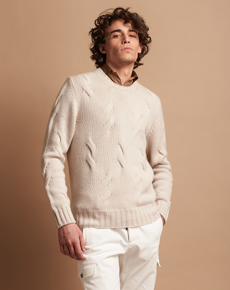 5-ply crew neck sweater in pure cashmere with macro braids