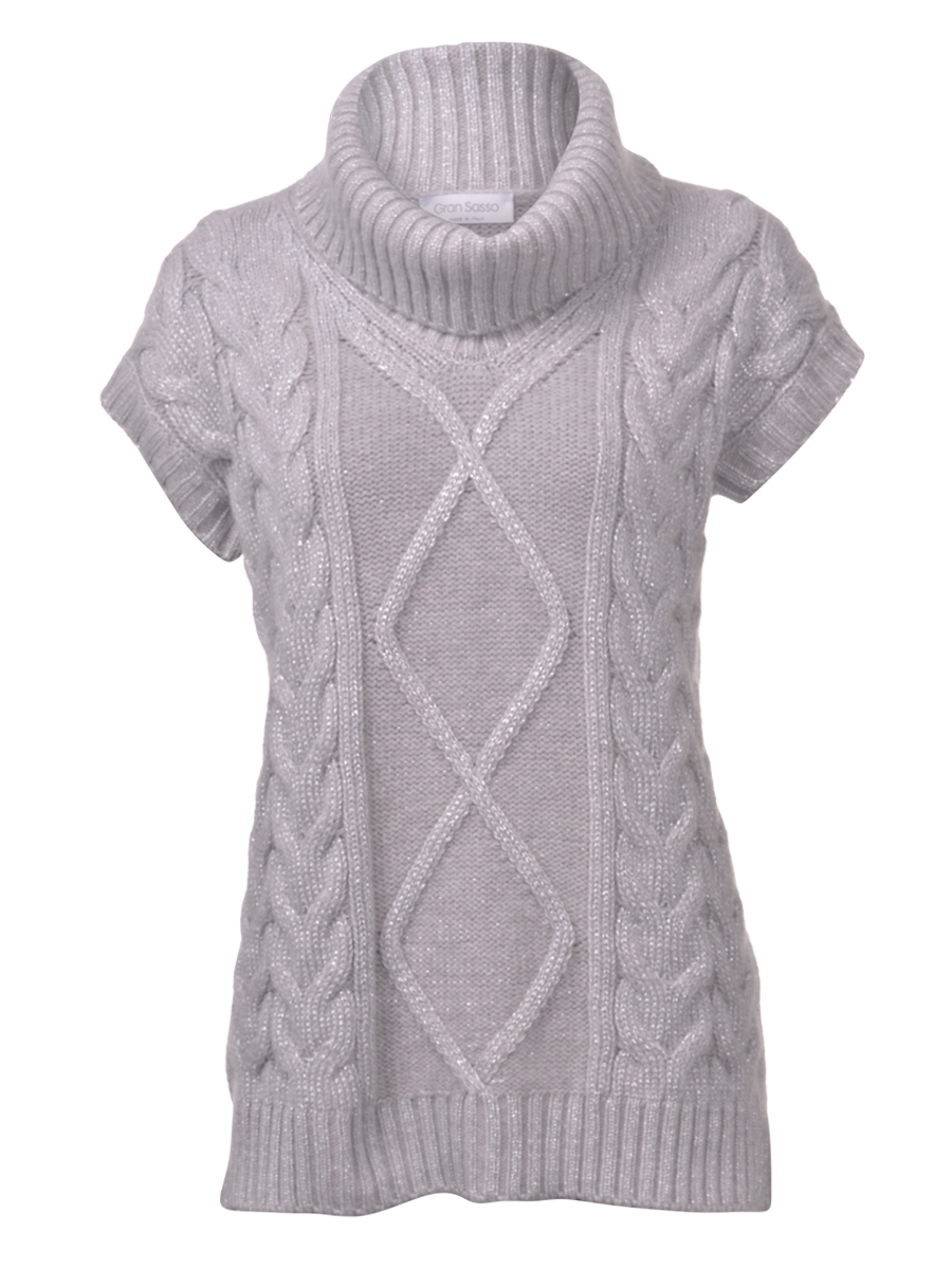 Cable cowl neck sweater in wool, viscose and lurex.