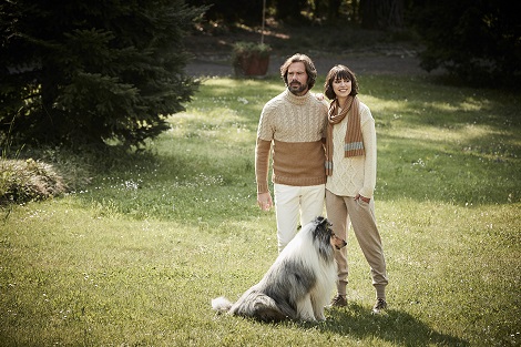 Paolo wears our Airwool two-tone cable turtleneck, Beatrice wears our argyle pattern wool blend crew neck sweater