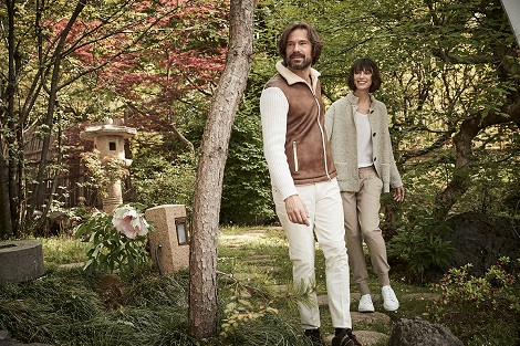 Paolo wears our eco-mouton and knit jacket, Beatrice wears our loop stitch jacket  
