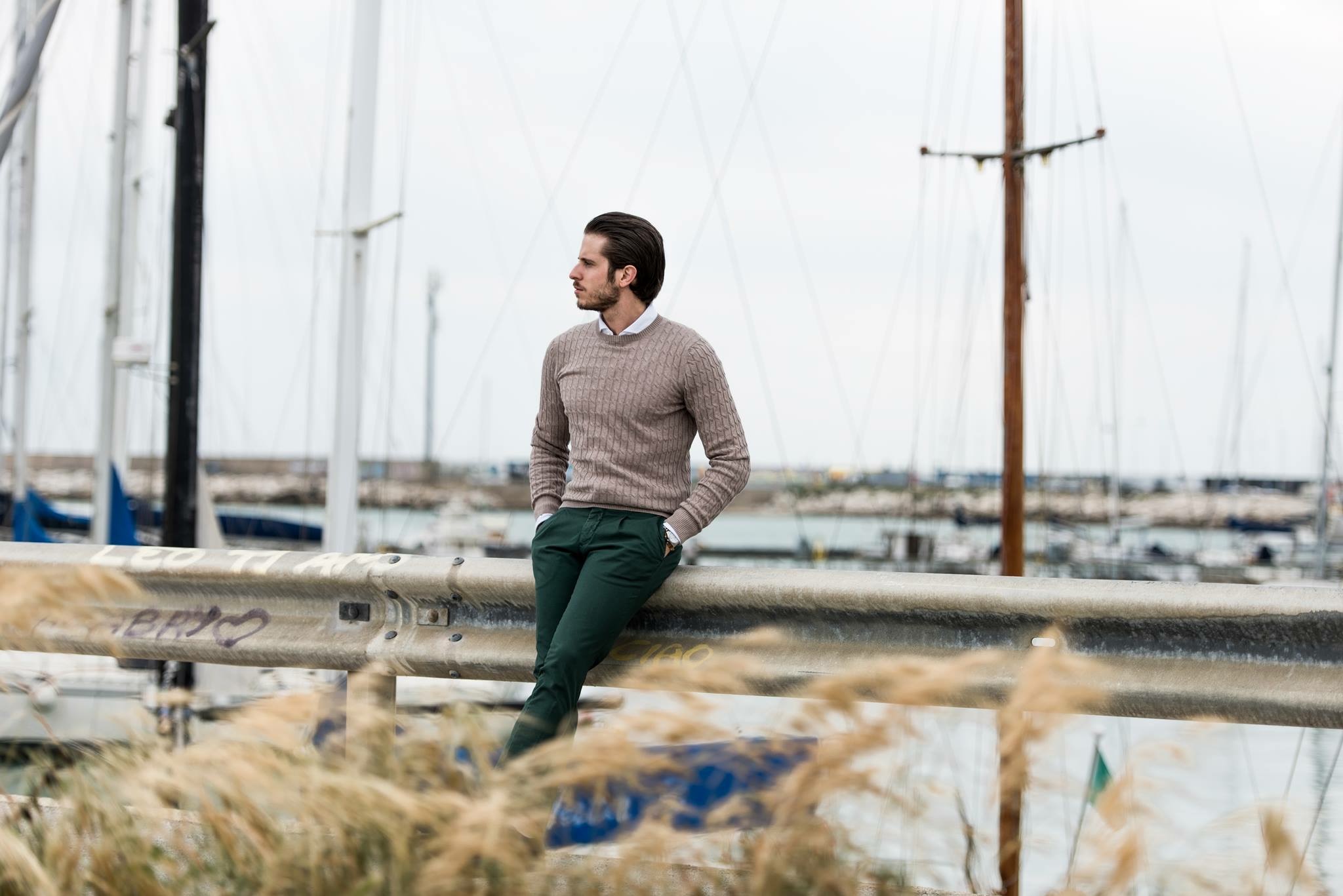 Marco Taddei wears our cable crew neck in fresh cotton 