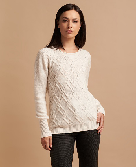 3-ply cashmere blend crew neck sweater with diamond pattern with needle-punched effect