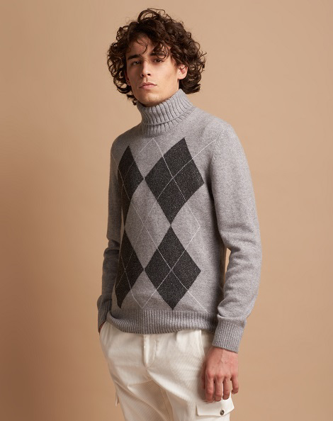 Mélange turtleneck sweater in cashmere, wool, and silk with mouliné effect argyle pattern