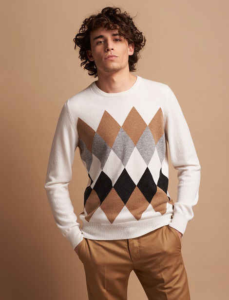 Crew neck sweater in pure cashmere with colour-block diamond pattern