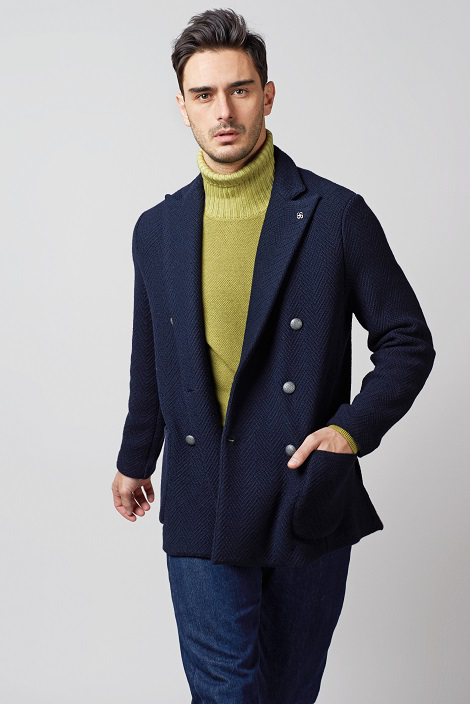 Herringbone double-breasted knit jacket in pure 2-ply merino wool